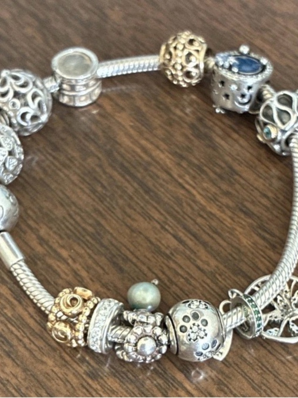 Rare Retired Pandora 7.5” Bracelet 14K Gold 585 ALE Sterling Silver Charms